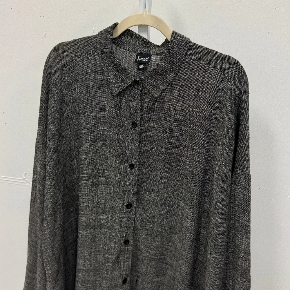 Eileen Fisher Italian Fabric Linen Blend Button Down Shirt Grey Lg Lagenlook